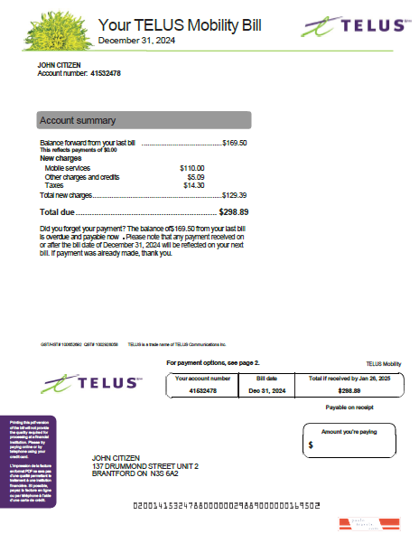 Canada Telus utility bill template in Word and PDF formats, version 2
